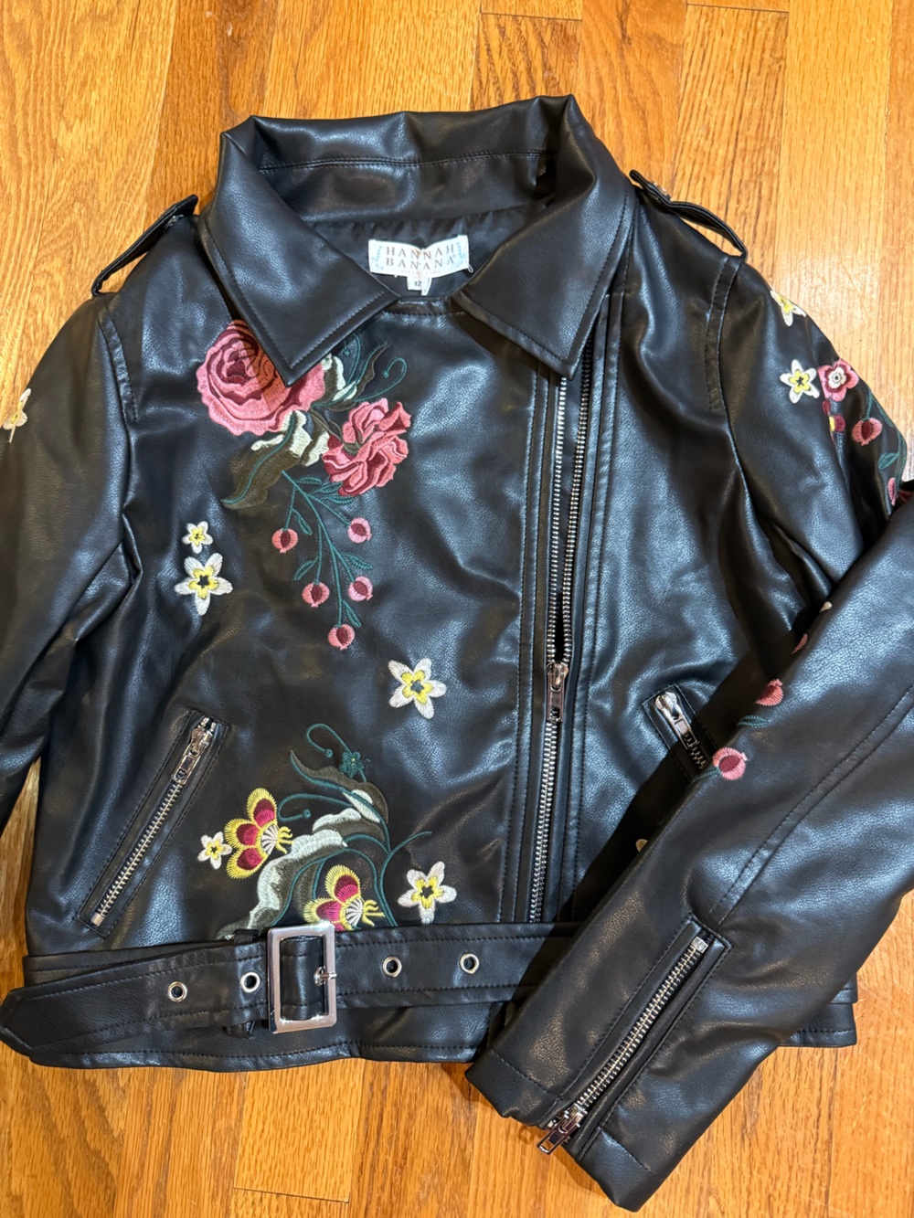 Embroidered Floral Faux Leather Jacket - Black